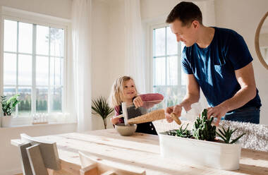 Father helping his daughter make her breakfast in the morning at home - CAVF69962