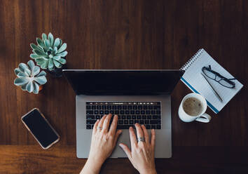 Overhead view of woman's hands working on laptop at wooden table. - CAVF70147