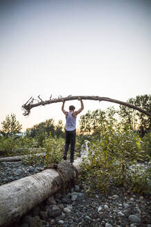 Mann balanciert vorsichtig einen Baum über dem Kopf, während er auf einem Baumstamm geht. - CAVF70189