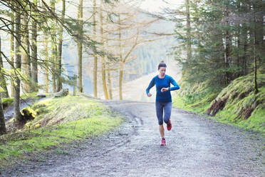 Frau joggt im Wald - HOXF04472