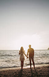 Rear view of young couple at the beach at sunset - LJF01090