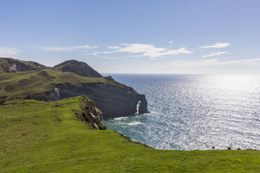 Neuseeland, Klippen und natürlicher Bogen der Cape Farewell Landzunge an einem sonnigen Tag - FOF11382