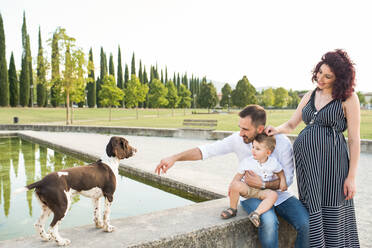 Parents with son playing with dog in park - CUF53697