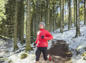 Mann joggt im verschneiten Wald - HOXF04738