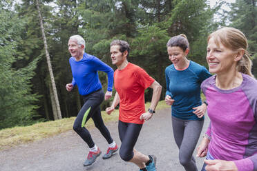 Familie joggt im Wald - HOXF04759