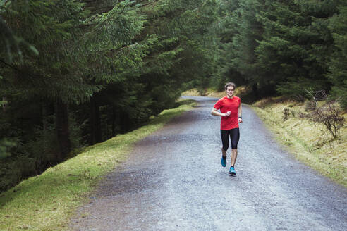 Mann joggt im Wald - HOXF04763