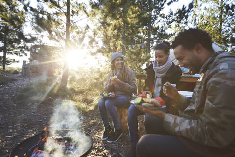 Happy friends eating at sunny campsite in woods stock photo