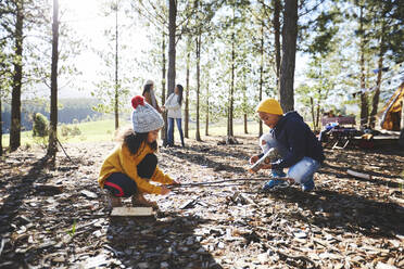 Bruder und Schwester sammeln Holz im sonnigen Wald außerhalb des Campingplatzes - CAIF23675