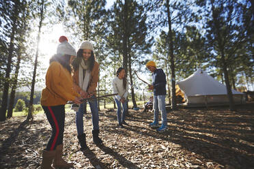 Lesbisches Paar und Kinder beim Sammeln von Feuerholz auf einem sonnigen Campingplatz im Wald - CAIF23720