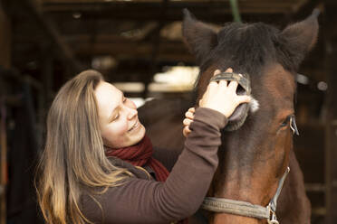 Junge Frau mit einem Pferd in einem Pferdestall mit Bürste - CAVF70464