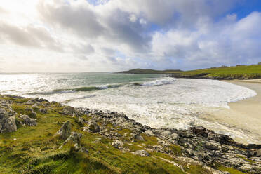 Meal Beach, breaking waves and big seas, stormy weather, Hamnavoe, West Burra Island, near Scalloway, Shetland Isles, Scotland, United Kingdom, Europe - RHPLF13019