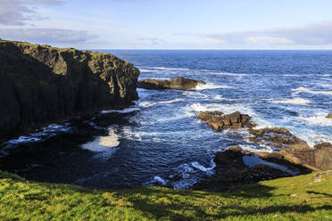 Frothy seas, Eshaness, jagged cliffs, stacks, geos and blow holes, Northmavine, Shetland Isles, Scotland, United Kingdom, Europe - RHPLF13030