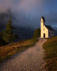 Capella Di San Maurizio at sunrise, Dolomites, Italy, Europe - RHPLF13315