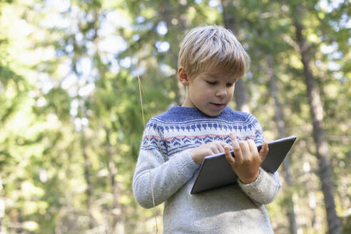 Junge benutzt digitales Tablet im Wald - CUF53704