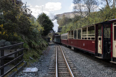 Steam train passing through countryside, Llanaber, Gwynedd, United Kingdom - CUF53891