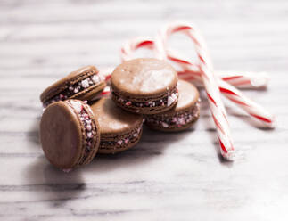 Close-up of macaroons with candy canes on table - CAVF70597