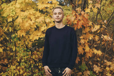 Confident teenage boy with blond hair standing against maple trees in autumn - MASF15357