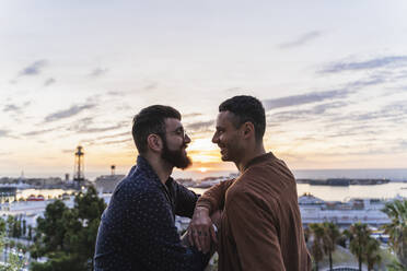 Schwules Paar auf Aussichtspunkt über der Stadt mit Blick auf den Hafen, Barcelona, Spanien - AFVF04427