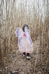 Back view of little girl in nature dressed up as a butterfly - RORF01966