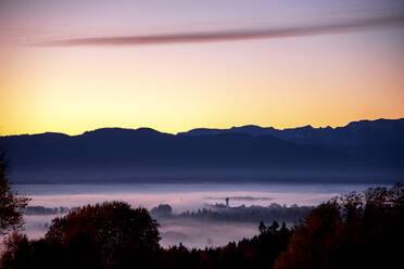 Germany, Bavaria, Starnberger See, Eurasburg, Fog over the valley - PUF01730