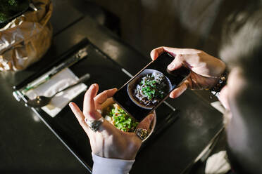 Männerhände mit Smartphone, die ein Bild von seinem Abendessen machen - EYAF00781