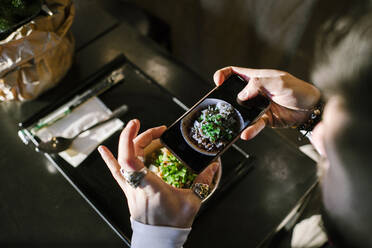 Man's hands with smartphone taking a picture of his dinner - EYAF00781