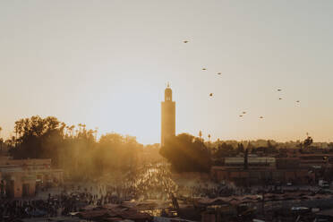 Blick von oben auf die Koutoubia-Moschee gegen den klaren Himmel bei Sonnenuntergang - CAVF70777