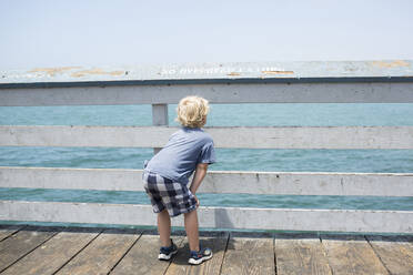 Rear view of boy looking through fence while bending on pier - CAVF70866