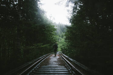 Rear view of man walking on railway tracks amidst trees - CAVF71016