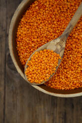 Overhead view of bowl of organic red lentils - LVF08471