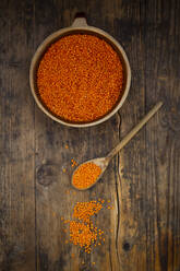 Overhead view of bowl of organic red lentils - LVF08472