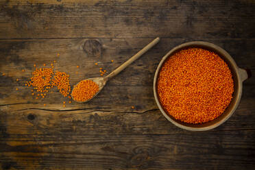 Overhead view of bowl of organic red lentils - LVF08473