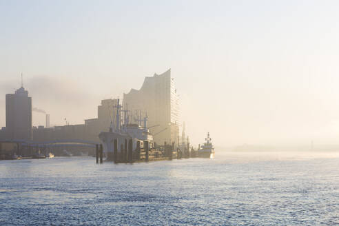 Deutschland, Hamburg, Silhouette der Elbphilharmonie über den Fluss gesehen bei Sonnenaufgang - IHF00205