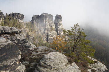 Deutschland, Sachsen, Rathen, Bastei-Felsformation im Herbst - WIF04135