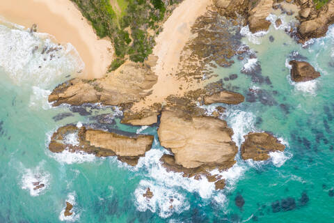 Luftaufnahme der Halbinsel Murunna Point, Wallaga Lake, Australien., lizenzfreies Stockfoto