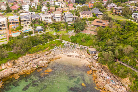 Luftaufnahme des Naturschutzgebiets Gordons Bay, Sydney, Australien., lizenzfreies Stockfoto
