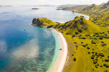 Aerial view of hidden beach at Padar islands during day, Indonesia. - AAEF06205