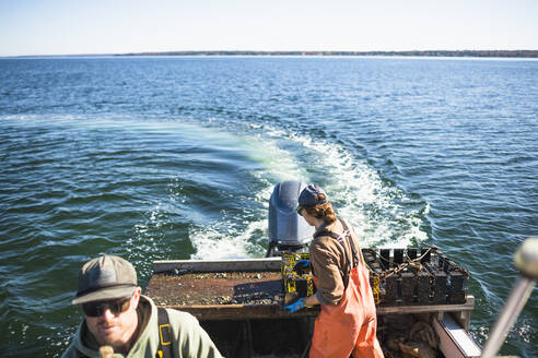 Frau bei der Arbeit auf einem Boot zum Muschelfischen in der Narragansett Bay - CAVF71504