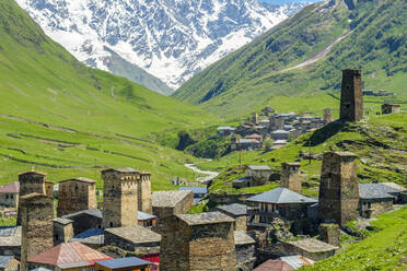 Stone tower houses in Chazhashi, Ushguli, Samegrelo-Zemo Svaneti region, Georgia - CAVF71558