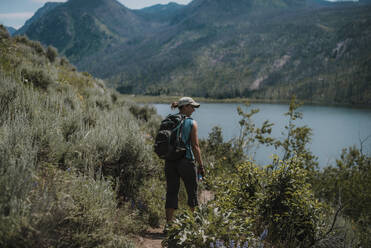 Rear view of female hiker with backpack standing on field amidst plants at lakeshore against mountains - CAVF72468