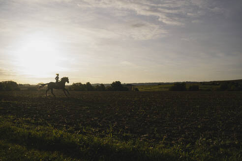 Frau reitet Pferd auf einem Feld auf dem Lande bei Sonnenuntergang - JOSF04128