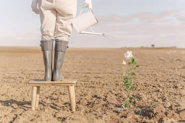 Woamn steht auf einem Schemel und gießt Blumen auf einem kargen Feld - ERRF02324