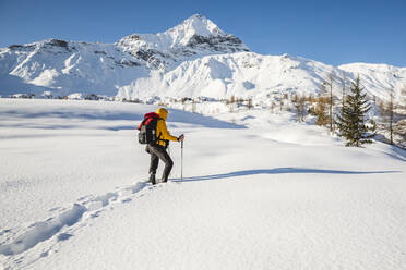 Hiking with snowshoes in the mountains, Valmalenco, Sondrio, Italy - MCVF00132