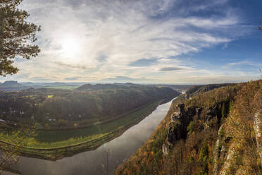 Germany, Saxony, Rathen, View of landscape with Elbe river - FRF00905