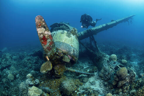 Palau, Diver exploring Japanese airplane wreck Jake sea plane underwater - GNF01509