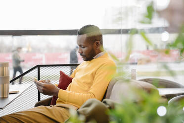 Businessman using smartphone in a cafe - AHSF01669