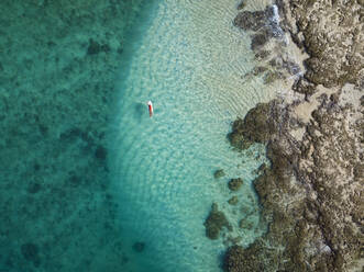 Aerial view of female surfer, Sumbawa, Indonesia - KNTF03873