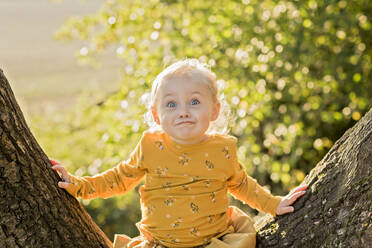 Porträt eines blonden Kleinkindes, das auf einem Baumstamm sitzt und lustige Gesichter zieht - NMSF00380