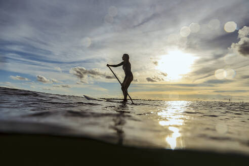 SUP-Surferin bei Sonnenuntergang, Bali, Indonesien - KNTF03897