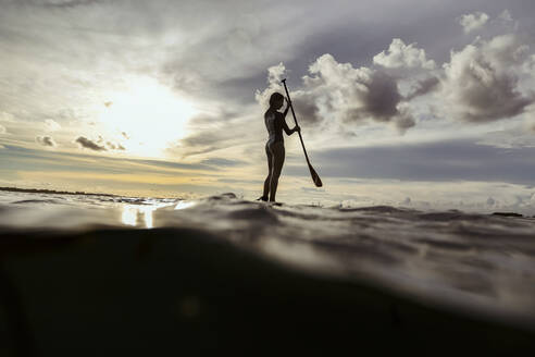 Female SUP surfer at sunset, Bali, Indonesia - KNTF03900
